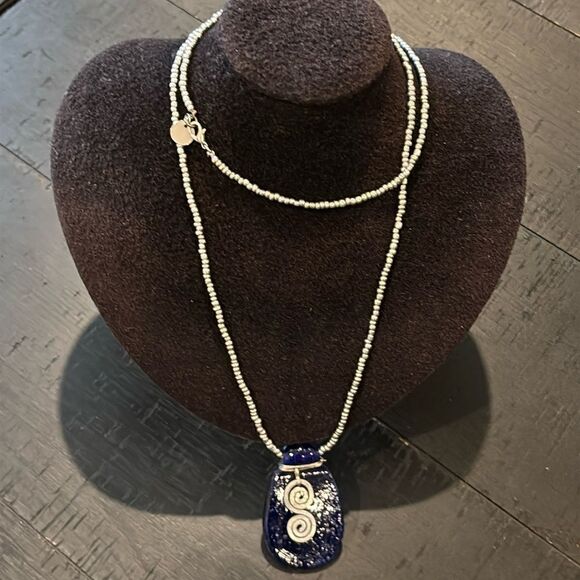 Source Unknown Jewelry - Blue Dichroic Glass Silver Swirl Artisan Long Beaded Energy Necklace Chain​